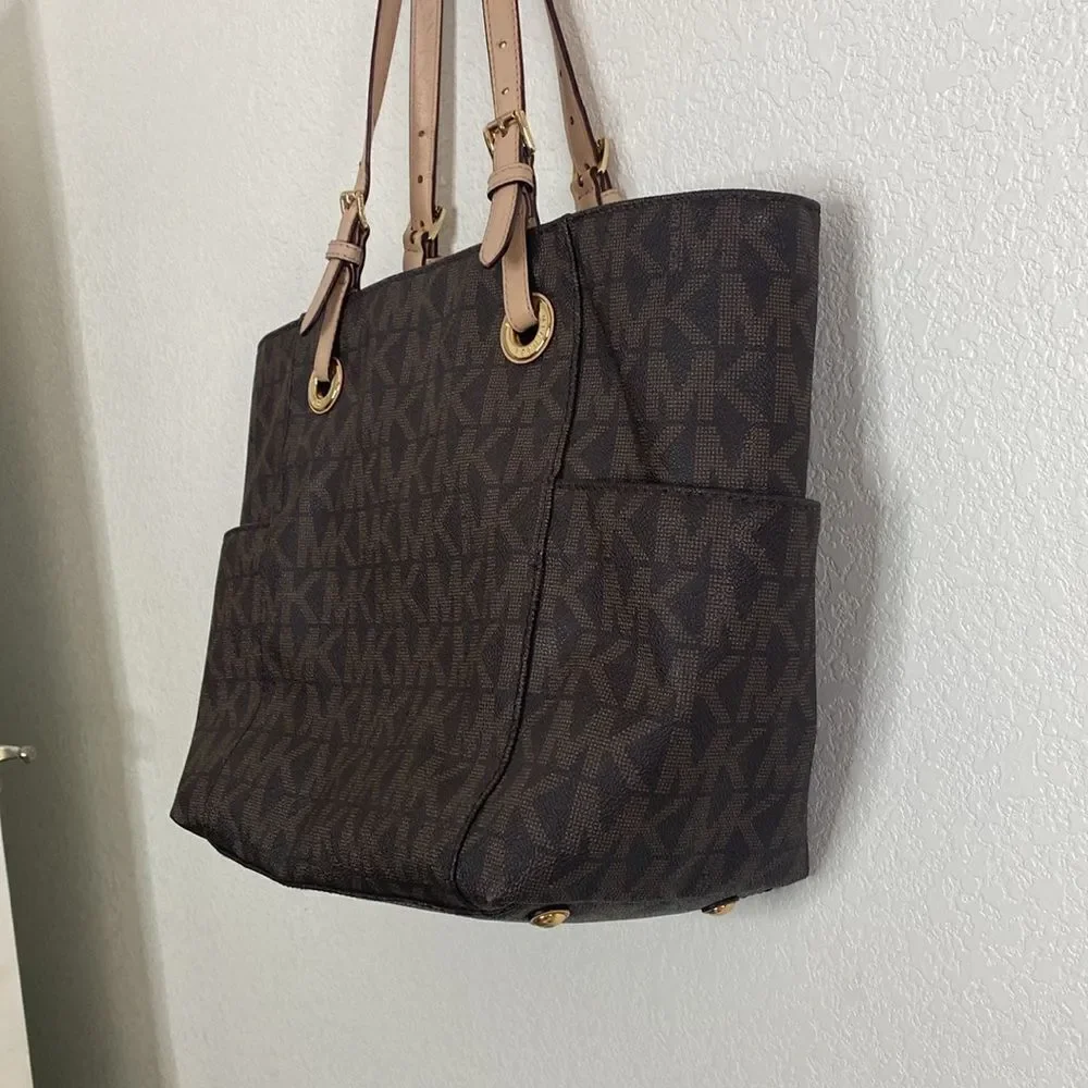 MICHAEL KORS Women’s Logo Monogram Pocket Tote Brown Bag